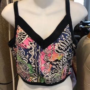 VTG OP (Ocean Pacific) V neck sleeveless Black cotton trim colorful body fabric